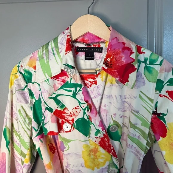 Ralph Lauren Black Label Watercolor Spring Floral Trench Coat Duster Belt Size 2 - Picture 4 of 11